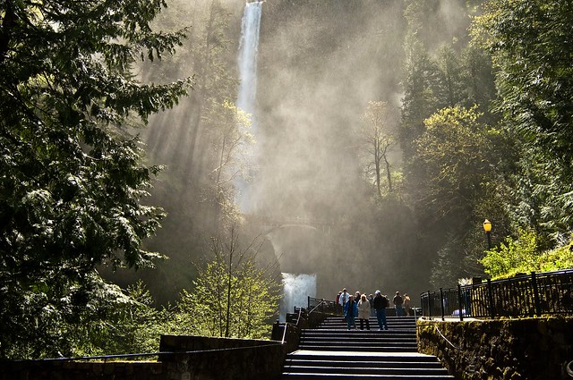 People walking up the steps at Multnomah Falls.