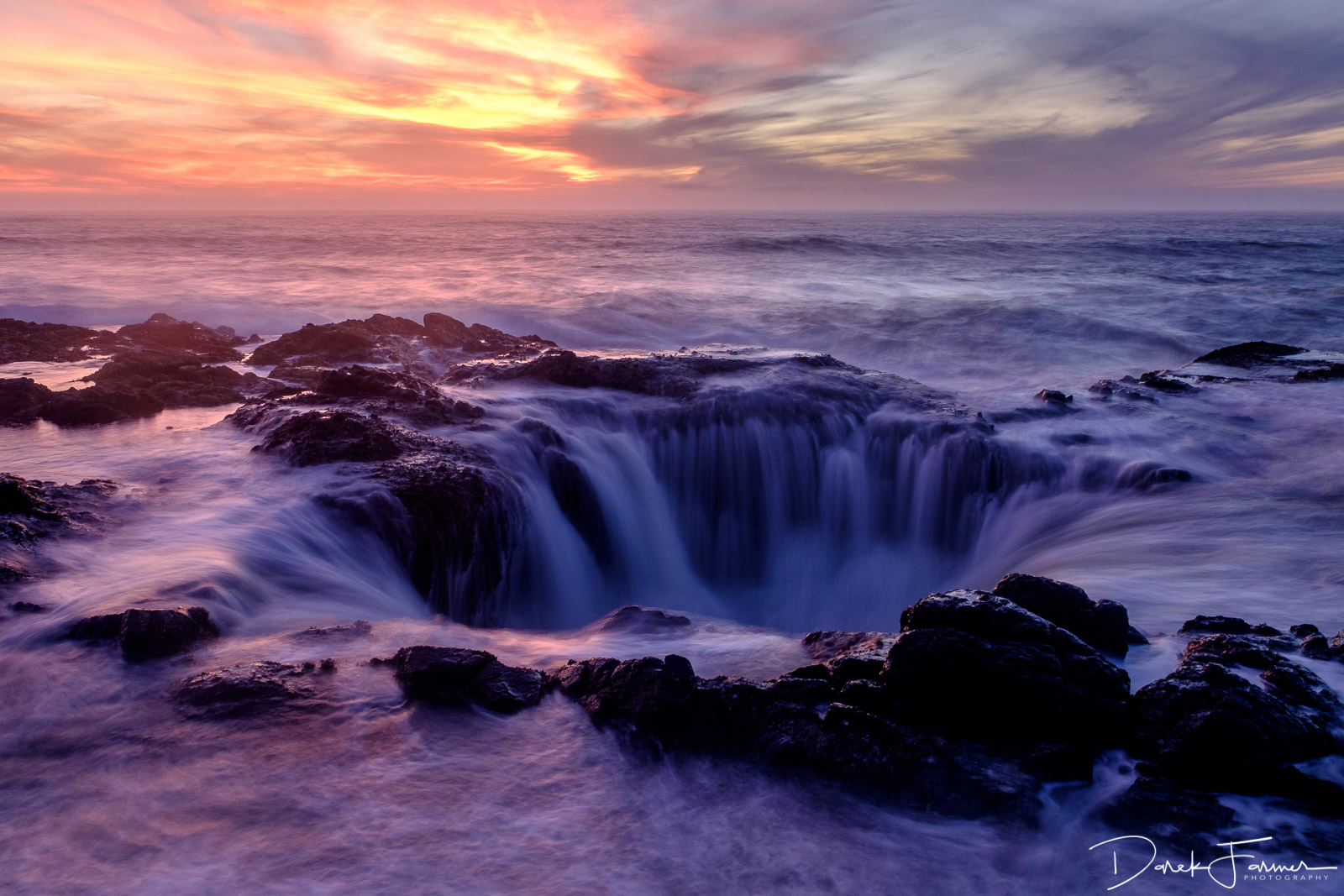 Thor's Well at sunset. It looks like there's a massive hole in the ocean draining all the water.