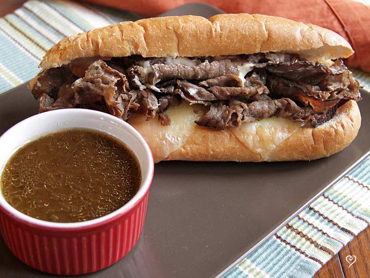 a mouth watering looking French dip sandwich