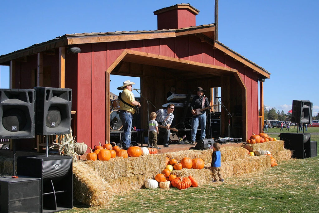 A band plays live music on a cute little red barn stage while two little boys listen.
