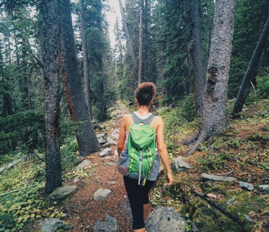 A woman hiking in the woods