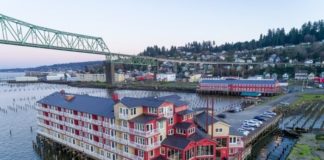 An aerial view of the Cannery Pier Hotel and the Columbia River.