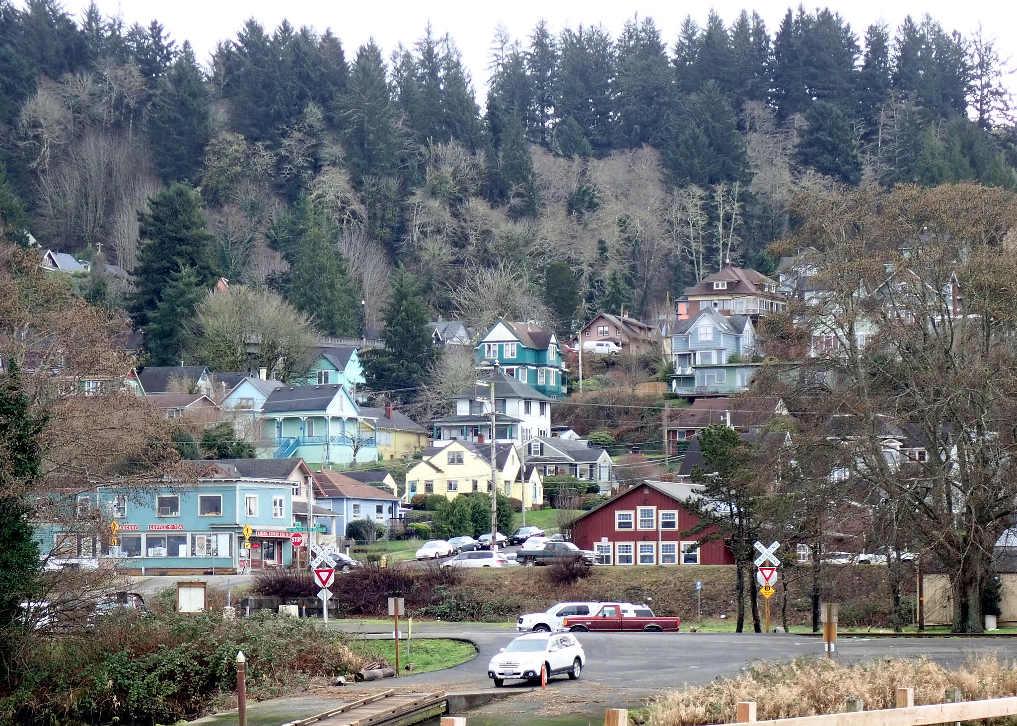 Houses on a wooded hill in Astoria Oregon. Astoria Oregon Real Estate.