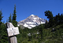 A snowcapped mountain seen from the McNeil Point Trail.