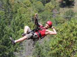 A person on a zipline at Rogue Valley Zipline Tour