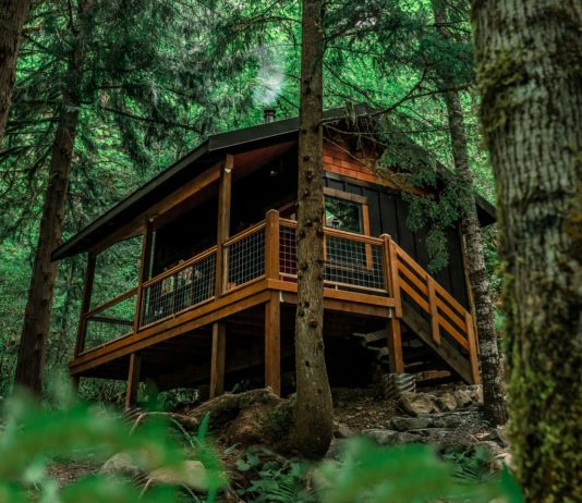 The gorgeous Oregon cabin surrounded by green trees and cabin deck