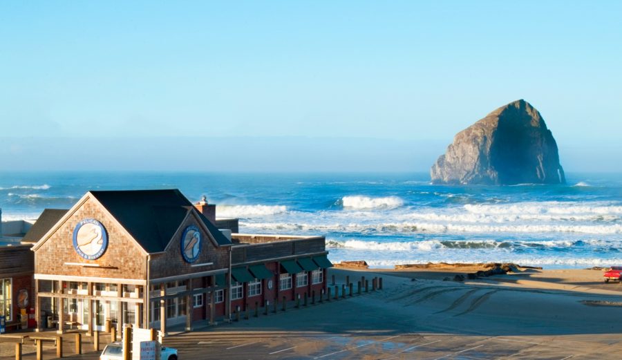 Pelican Brewing in front of the Pacific Ocean and Haystack Rock