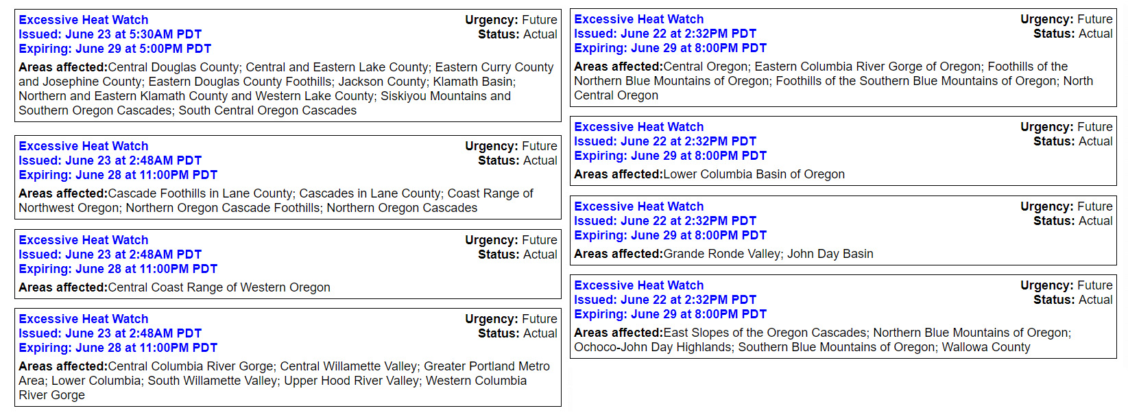 Excessive heat watch alerts from alerts.weather.gov