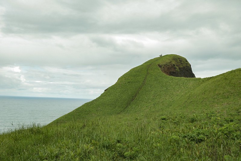 The grassy knoll known as God's Thumb high above the ocean.  There's a well worn path through the grass to the top.