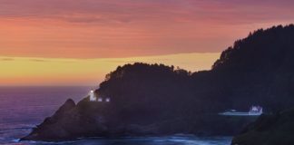 Heceta Head Lighthouse at sunset.