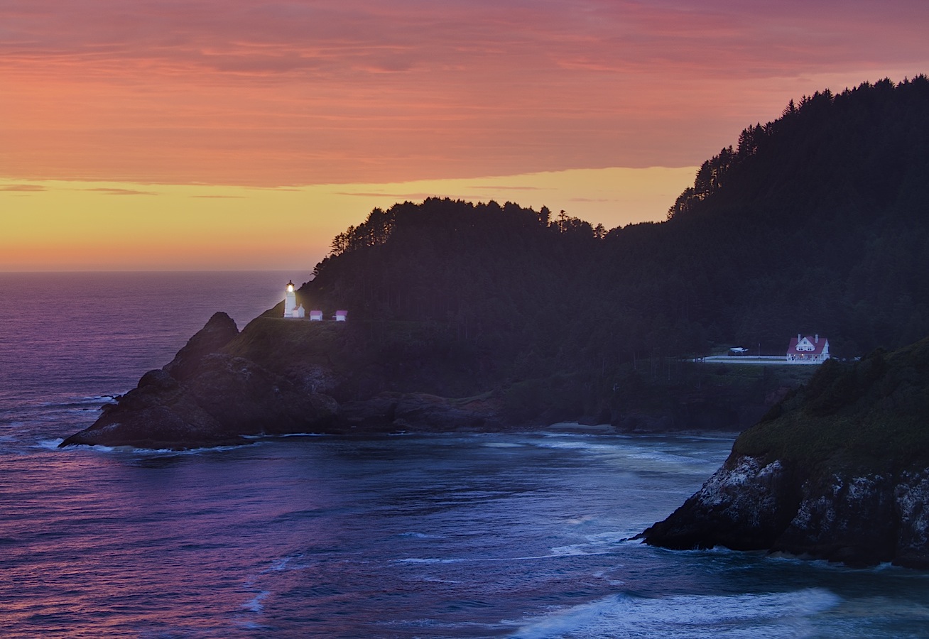 Heceta Head Lighthouse at sunset.