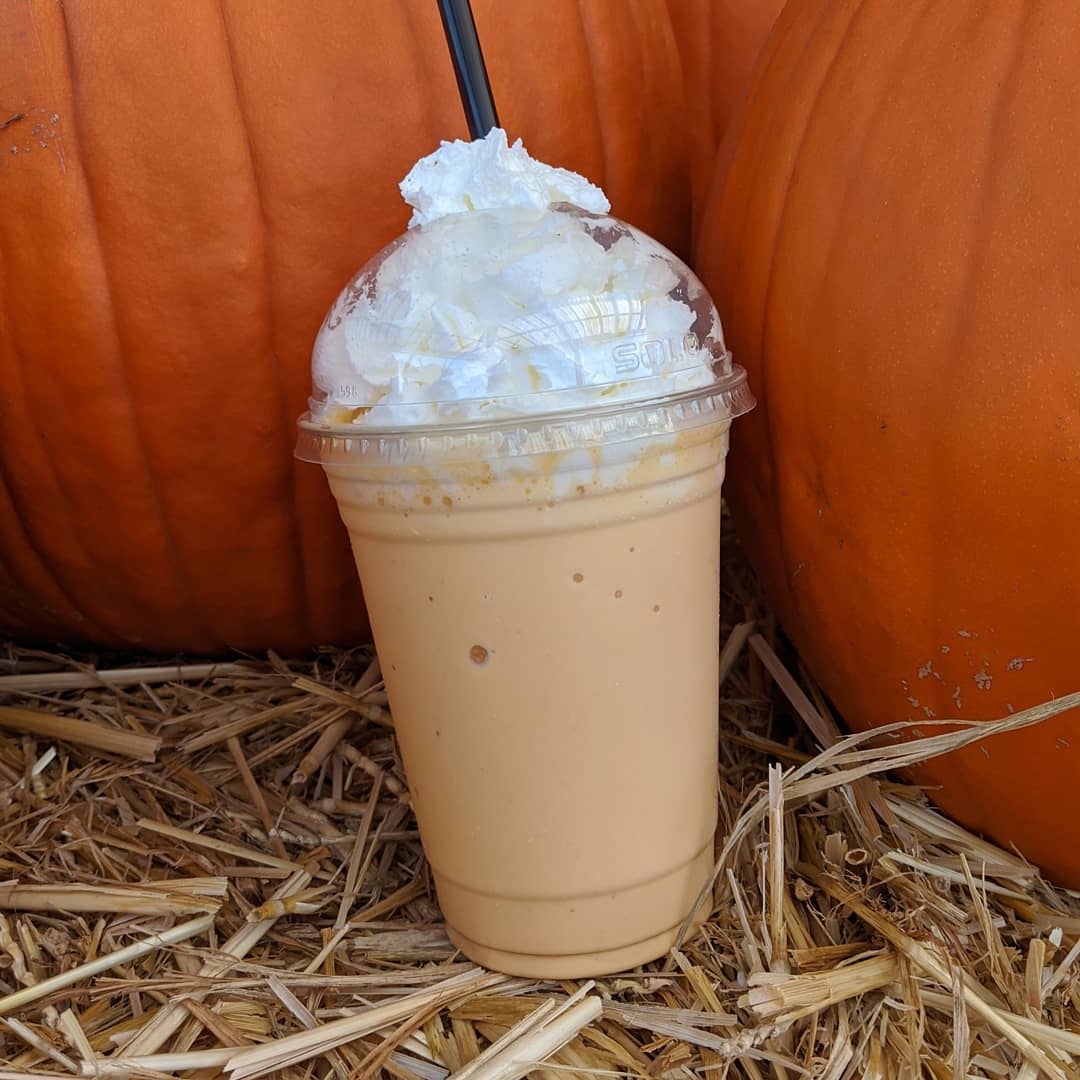 Pumpkin Milkshake in front of pumpkins