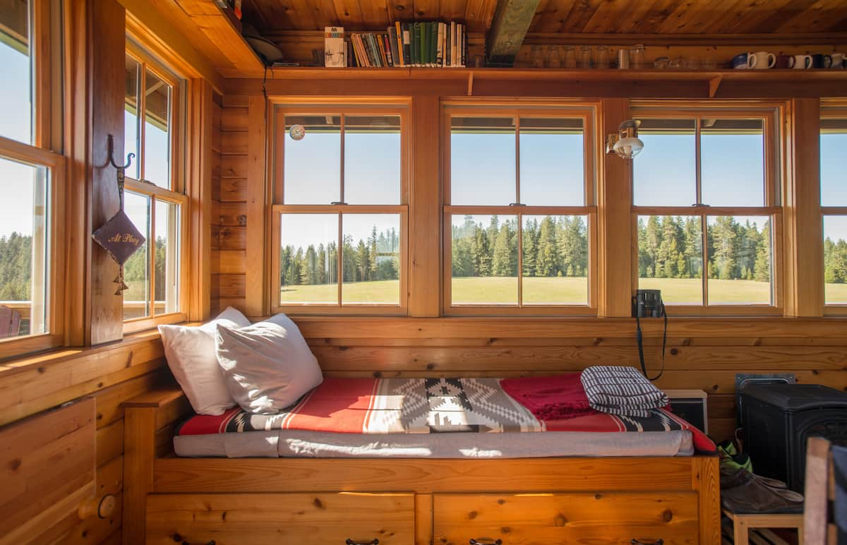 A view out a window from the lookout tower