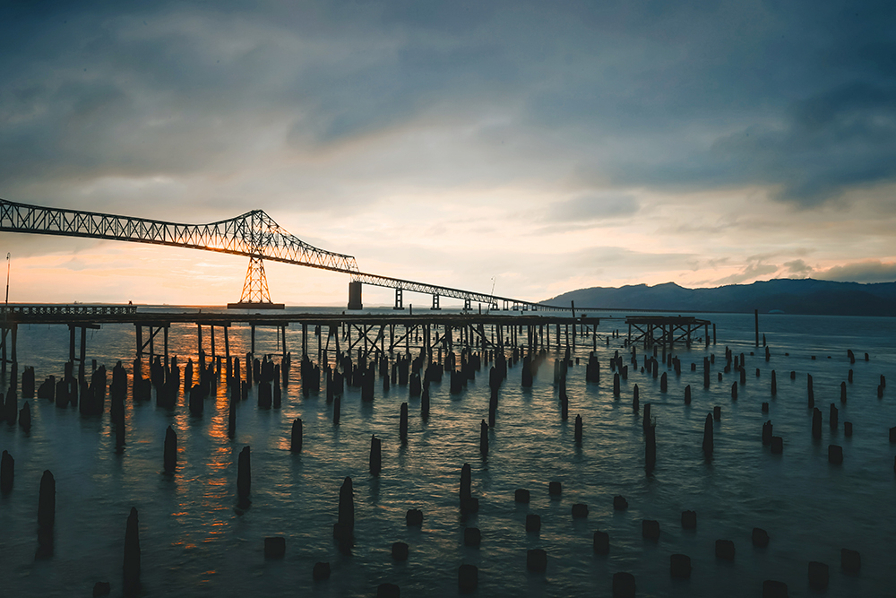 The Astoria Megler Bridge at sunset.