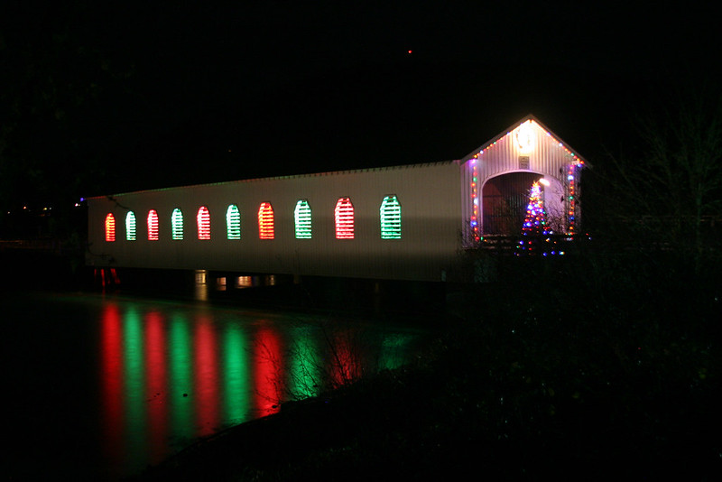 Lowell Covered Bridge In Oregon lit up with Christmas Lights.