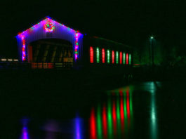 Lowell Covered Bridge In Oregon lit up with Christmas Lights.