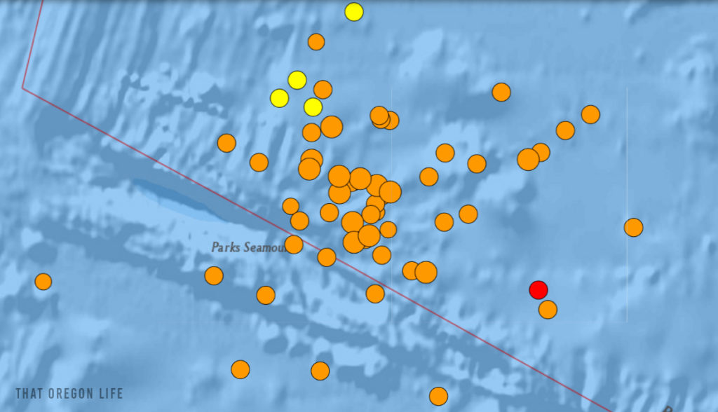 Map of 50 earthquakes on Blanco Fracture Zone December 2021.
