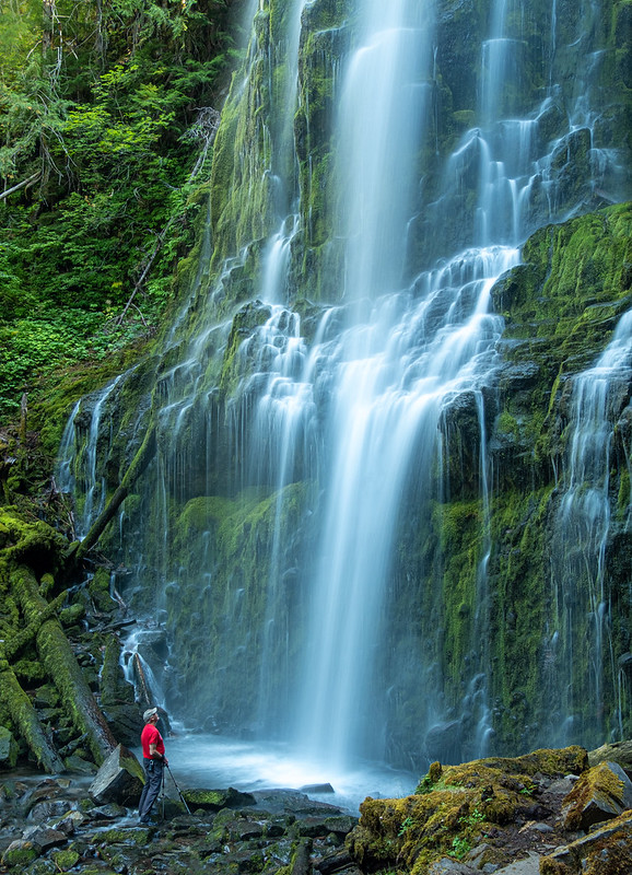 Water cascades over mossy cliff and rocks.  A man in a red shirt is at the bottom of the falls staring up.  He looks tiny.