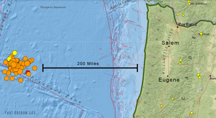 Earthquakes map in Pacific Ocean Oregon Coast December 2021
