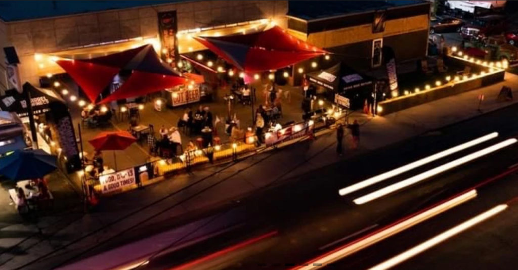 Infernal Combustion Lounge outdoor seating at night