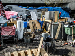 Large homeless encampment near freeway in Portland Oregon