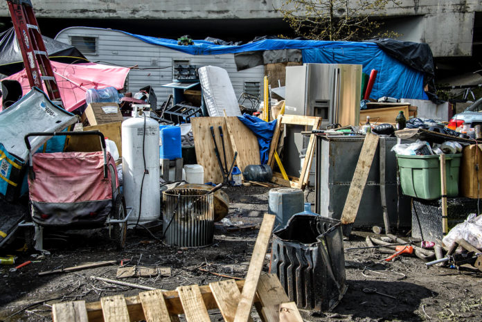 Large homeless encampment near freeway in Portland Oregon