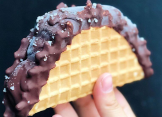 The tacolate, a waffle cone taco shell covered in chocolate, filled with ice cream
