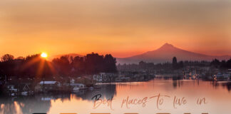 Best places to live in Oregon. Mount Hood above the Columbia river and house boats at sunrise.