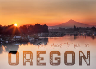 Best places to live in Oregon. Mount Hood above the Columbia river and house boats at sunrise.