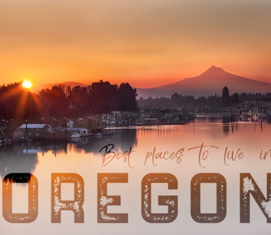 Best places to live in Oregon. Mount Hood above the Columbia river and house boats at sunrise.
