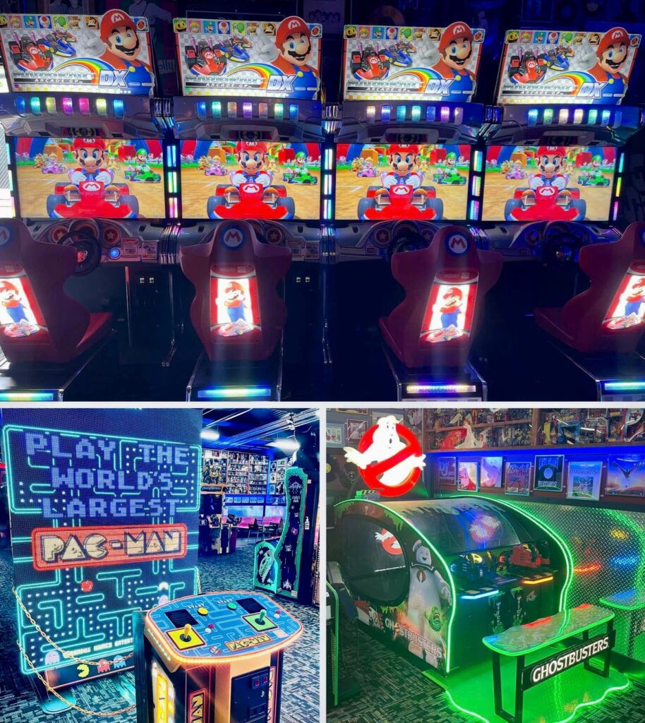 Mario Kart Ghostbusters and PAC Man machines at Nextlevel Pinball in Oregon