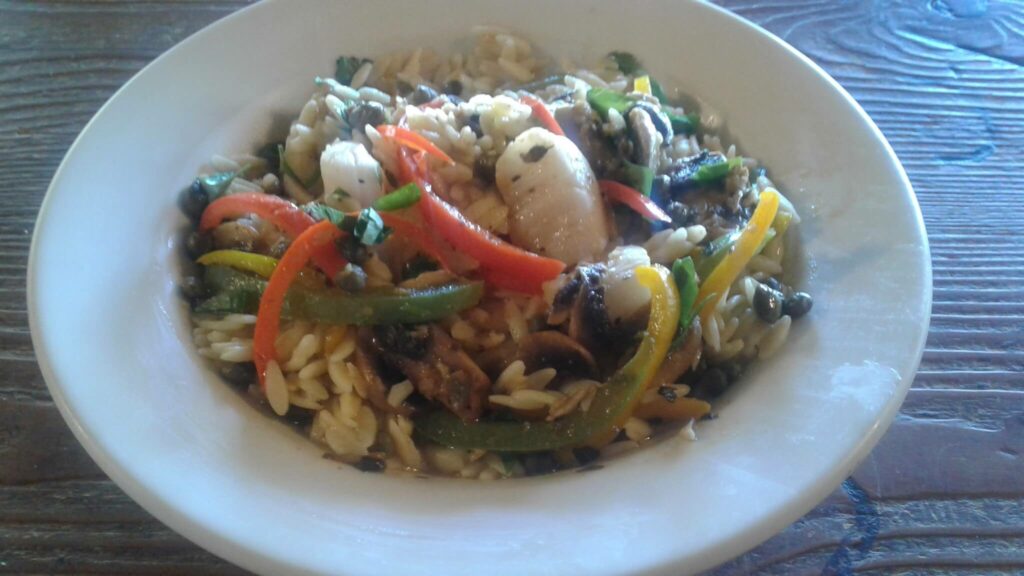 Sauteed scallops on orzo pasta from Dayville Cafe Oregon