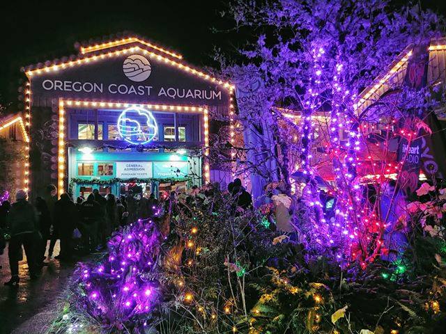 Christmas lights on the front of the Oregon Coast Aquarium Building For The Sea Of Lights Event.