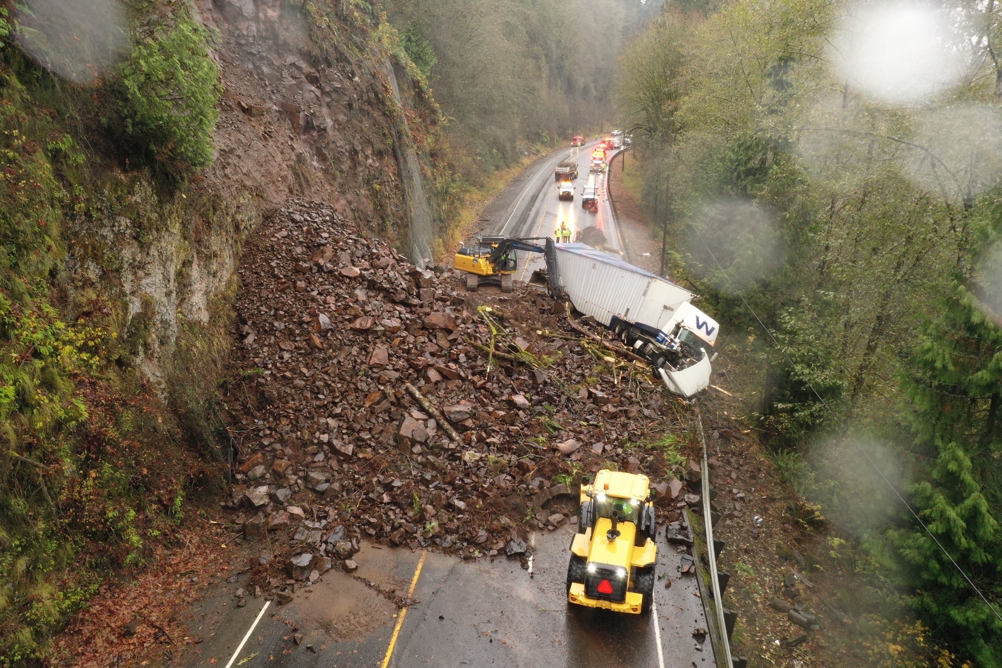 A landslide on the road on US 30 being removed by ODOT crews.