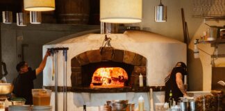 A wood fired pizza oven at Ken's Artisan Pizza in Portland Oregon.