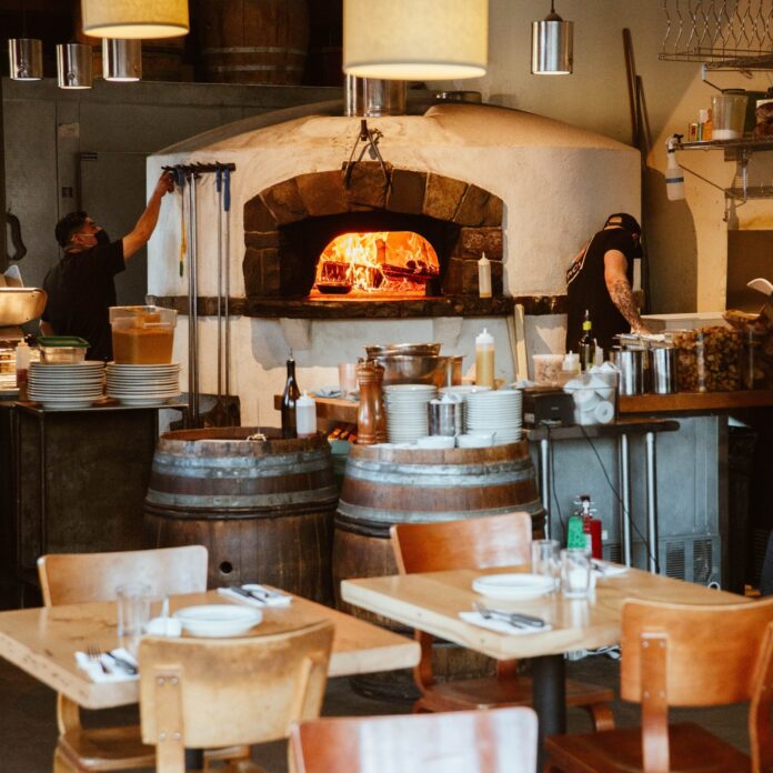 A wood fired pizza oven at Ken's Artisan Pizza in Portland Oregon.