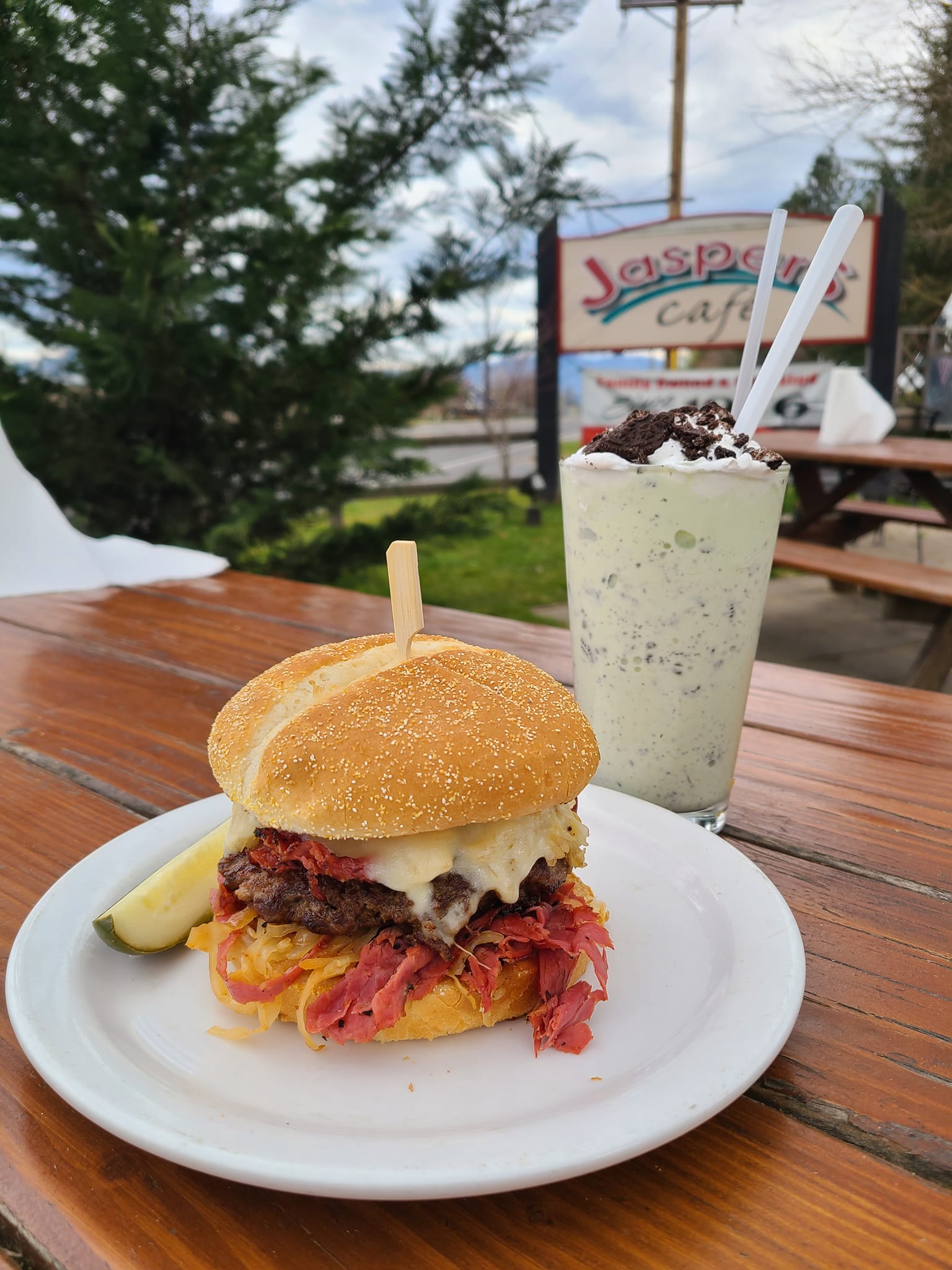 A delicious looking burger and shake at Jasper's Cafe in Medford Oregon