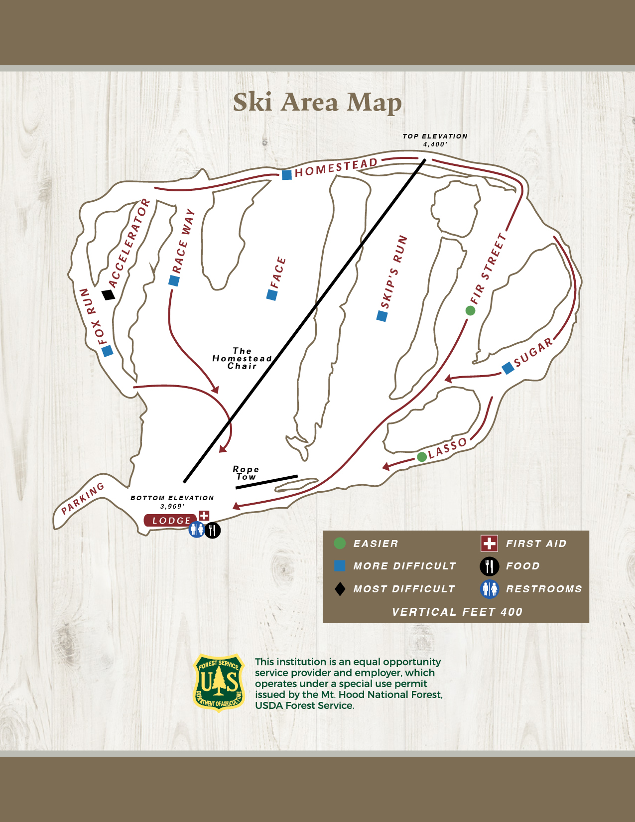 A ski trail map of Cooper Spur on Mt. Hood