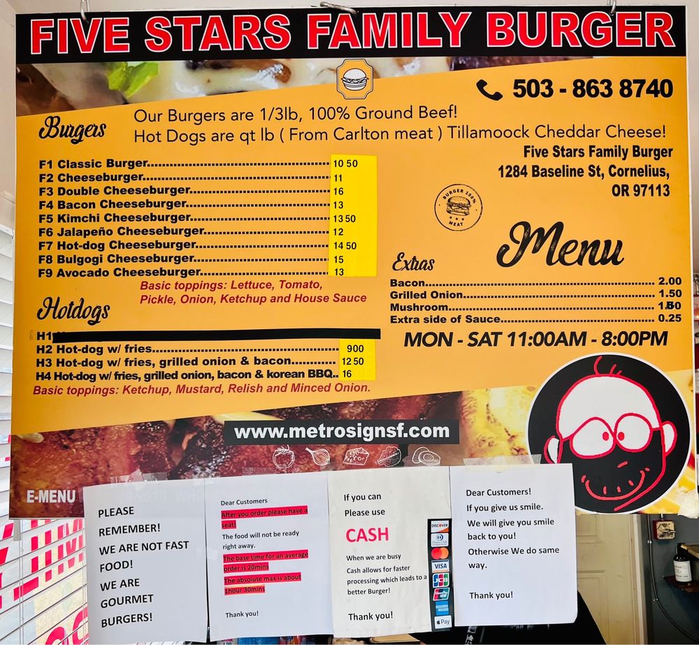 The Five Stars Family Burger menu