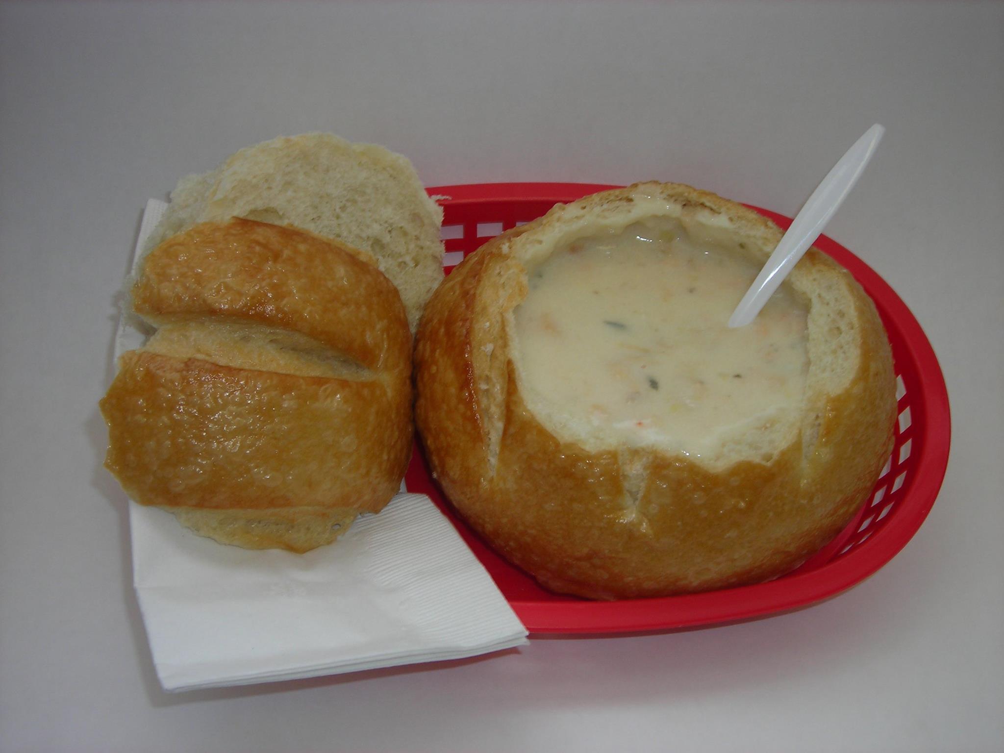 Fresh hot salmon chowder in a sour dough bread bowl at the Bandon Fish Market in Oregon.