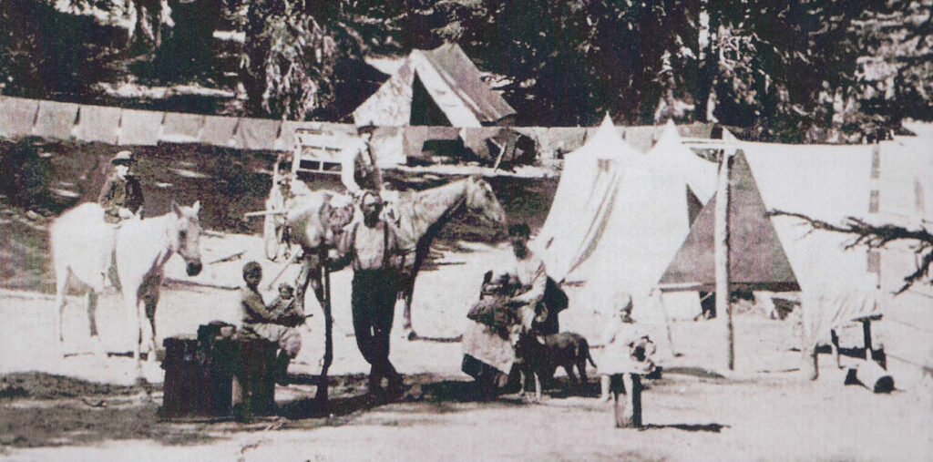 A black and white historical photo of the tent hotel at Cooper Spur on Mt. Hood in Oregon.