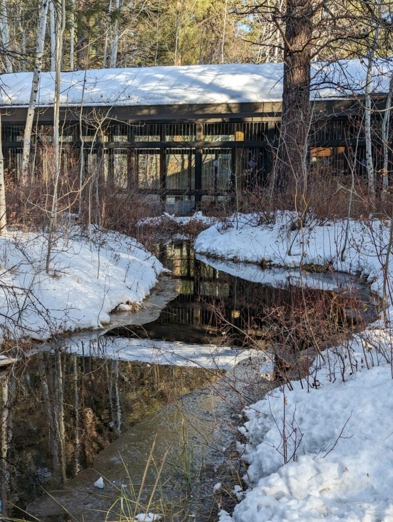 A stream runs in front of the High Desert Museum.  There is snow on the ground and the trees have lost all of their leaves.