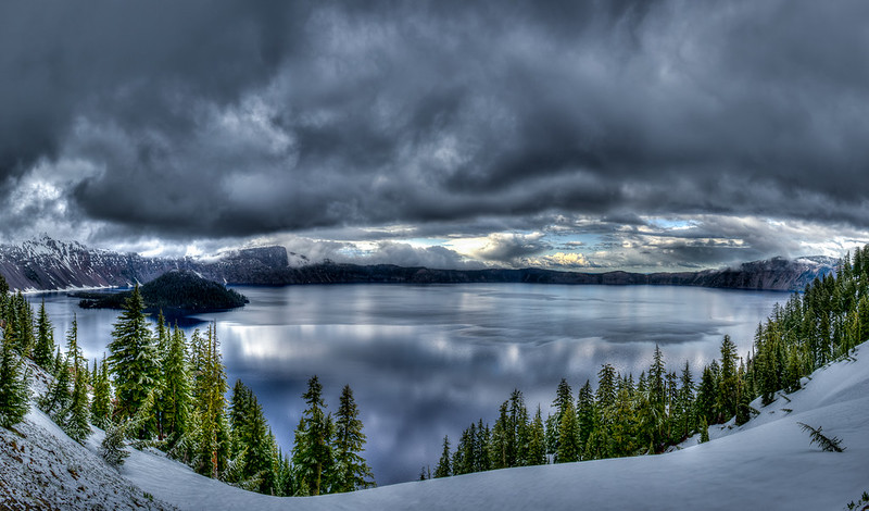 Crater Lake on a cloudy day.