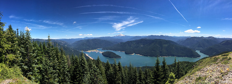 Detroit Lake from above.  There is a snowcapped mountain in the distance.