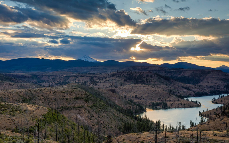 Lake Billy Chinook from above at sunset.  A snowcapped peak can be seen in the distance, but is not visible from the lakeshore.