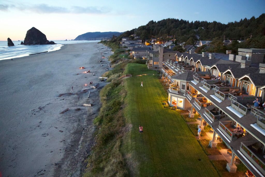 Stephanie Inn In Canon Beach Oregon from the sky at sunset.