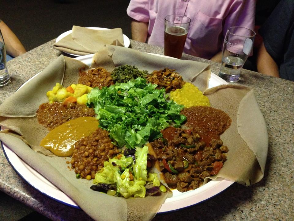 A huge plate with Ethiopian food.