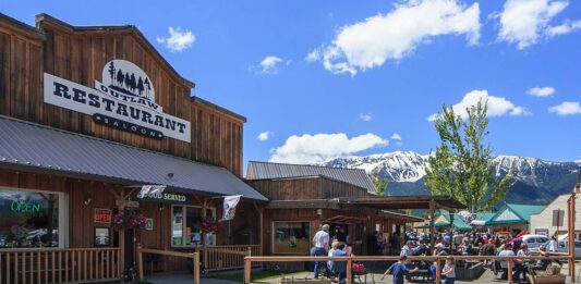 A gorgeous view of snowcapped mountains from outside Outlaw Restaurant in Joseph, Oregon