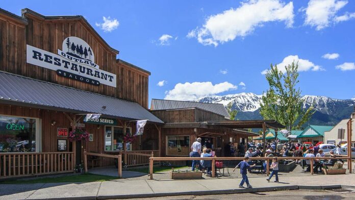 A gorgeous view of snowcapped mountains from outside Outlaw Restaurant in Joseph, Oregon
