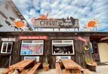 The outside of Crabby's Bar And GRill. It has wood siding, nice wooden signs, accents of red, blue and orange. There are painted crabs and two wooden picnic tables.